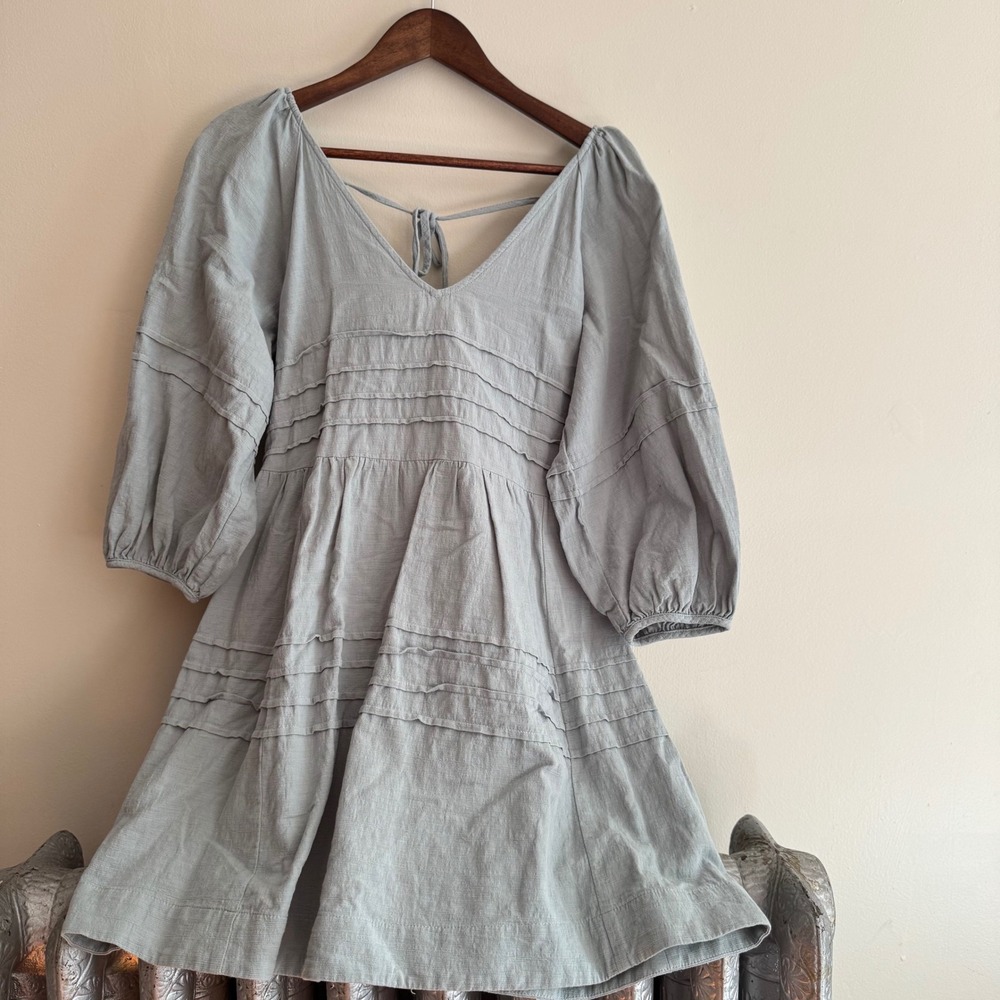 Women's Medium Babydoll 3/4 Balloon Sleeve Mini Dress Blue Cotton Boho Indie